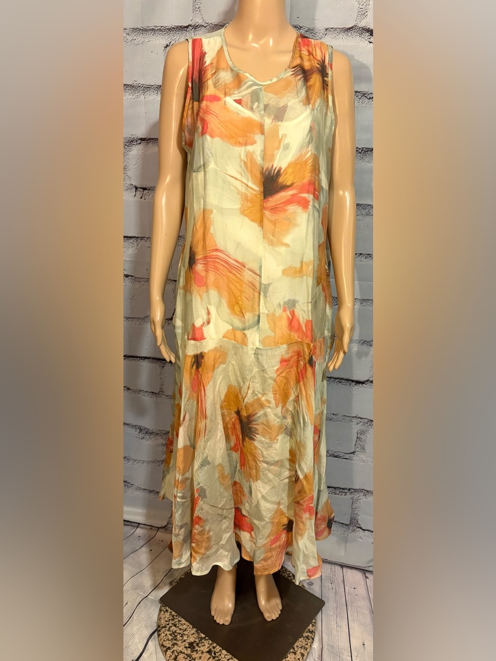 Gorgeous Vera Wang Flowy Floral Drop Waist Sheer Lined Dress Sz PL